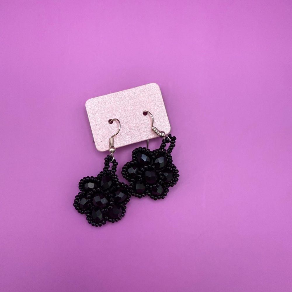 Elegant Black Beaded Flower Earrings